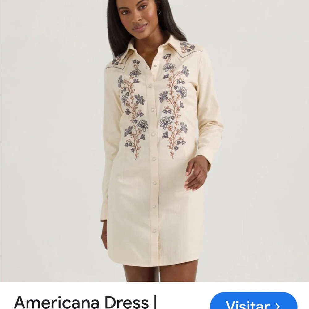 Wrangler Cream Embroidered Long-Sleeve Shirt Dress